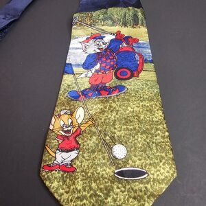 Vtg 1990s Tom and Jerry Cartoon Corner Golf Tie 100% Silk Putting Hole in One